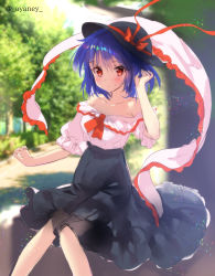 Rule 34 | 1girl, absurdres, adapted costume, artist name, ascot, ayane yui, bare shoulders, black skirt, blue hair, blurry, blurry background, blush, bow, breasts, collarbone, commentary request, day, feet out of frame, frilled shawl, frills, hair between eyes, hand up, hat, hat bow, high-waist skirt, highres, looking at viewer, medium breasts, nagae iku, off-shoulder shirt, off shoulder, outdoors, puffy short sleeves, puffy sleeves, red ascot, red bow, red eyes, shawl, shirt, short hair, short sleeves, sitting, skirt, solo, touhou, tree, twitter username, white shirt