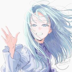 Rule 34 | 1girl, artist logo, blue dress, blue eyes, blue hair, blue theme, collared dress, dress, emaliot, frilled sleeves, frills, highres, long hair, looking at viewer, original, simple background, smile, solo, squinting, upper body, waving, white background