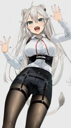 Rule 34 | 1girl, ahoge, animal ears, black nails, black pantyhose, black shorts, blush, breasts, commentary, corset, ear piercing, fangs, feet out of frame, gotou (nekocat), grey background, grey eyes, hair between eyes, highres, hololive, jewelry, lion ears, lion girl, lion tail, long hair, looking at viewer, medium breasts, nail polish, o-ring, official alternate costume, open hand, open mouth, pantyhose, pendant, piercing, red neckwear, shirt, shirt tucked in, shishiro botan, shishiro botan (button-down), short shorts, shorts, signature, silver hair, simple background, smile, solo, tail, thigh strap, virtual youtuber, white shirt