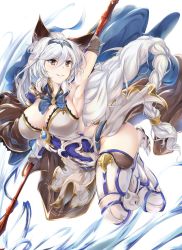 Rule 34 | 10s, 1girl, absurdres, animal ears, arm up, armor, armored dress, armpits, braid, breasts, brown eyes, cat ears, cat girl, cleavage, dress, elbow gloves, erune, female focus, gloves, granblue fantasy, hair between eyes, hair intakes, hair tubes, hairband, heles, highres, kotohane, large breasts, long hair, over shoulder, parted lips, silver hair, simple background, single braid, smile, solo, thighhighs, very long hair, weapon, weapon over shoulder, white dress