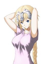 Rule 34 | 1girl, arms up, bad id, bad pixiv id, blonde hair, blue eyes, blush, braid, breasts, closed mouth, collarbone, fate/grand order, fate (series), headpiece, highres, jeanne d&#039;arc (fate), jeanne d&#039;arc (ruler) (fate), jilu, large breasts, long hair, looking at viewer, short sleeves, smile, solo, upper body