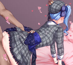 Rule 34 | 1boy, 1girl, absurdres, all fours, ass, ass grab, ass ripple, back, blue hair, blue ribbon, clothed female nude male, clothed sex, clothes lift, commentary request, doggystyle, dress, dress lift, frilled dress, frills, hair ribbon, hetero, highres, hololive, hoshimachi suisei, medium hair, nude, partial commentary, plaid, plaid dress, ribbon, sex, sex from behind, short dress, side ponytail, solo focus, thighs, vaginal, virtual youtuber, zellam