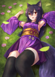 Rule 34 | 1girl, :d, animal ears, armpits, arms up, black hair, black thighhighs, blush, breasts, brown eyes, commentary request, detached sleeves, fang, feet out of frame, flower, hair ornament, hairclip, highres, iroha (iroha matsurika), japanese clothes, kimono, kunoichi-chan (iroha (iroha matsurika)), long hair, long sleeves, looking at viewer, obi, on grass, open mouth, original, pink flower, purple kimono, purple sleeves, sash, sleeveless, sleeveless kimono, small breasts, smile, solo, tail, thighhighs, very long hair, wide sleeves, wolf ears, wolf girl, wolf tail, x hair ornament