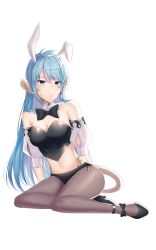 Rule 34 | 1girl, absurdres, angon623, animal ears, antenna hair, au ra, azura cecillia, bare shoulders, black footwear, black shirt, blue eyes, blue hair, bow, bowtie, breasts, brown pantyhose, cleavage, cosplay, crop top, detached collar, detached sleeves, dragon horns, facial tattoo, fake animal ears, final fantasy, final fantasy xiv, highres, horns, leotard, long hair, looking at viewer, medium breasts, midriff, miqo&#039;te, miqo&#039;te (cosplay), navel, nijisanji, nijisanji id, pantyhose, parted lips, playboy bunny, rabbit ears, shirt, simple background, sitting, solo, stomach, strapless, tail, tattoo, virtual youtuber, white background, yokozuwari