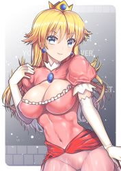 Rule 34 | 1girl, aqua eyes, blonde hair, blue eyes, breasts, cleavage, cleavage cutout, clothing cutout, covered navel, crown, dress, earrings, elbow gloves, gloves, impossible clothes, jewelry, large breasts, long hair, looking at viewer, mario (series), nagase haruhito, nintendo, princess, princess peach, puffy short sleeves, puffy sleeves, short sleeves, showgirl skirt, skin tight, smile, solo, super smash bros., very long hair, white gloves