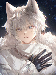 Rule 34 | 1boy, animal ear fluff, animal ears, black gloves, blue eyes, clothing request, coat, commentary, crossed bangs, english text, eyebrows hidden by hair, fur-trimmed coat, fur trim, glint, gloves, hair between eyes, hand on own chest, highres, jewelry, lips, long sleeves, looking at viewer, male focus, necklace, original, overcoat, parted lips, pendant, shiny clothes, short hair, sleeves past wrists, solo, straight-on, twitter username, upper body, white coat, white hair, yunikon