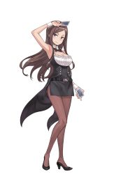 Rule 34 | 1girl, armpits, black bow, black bowtie, bow, bowtie, breasts, brown hair, cleavage, dorothy (princess principal), full body, highres, large breasts, long hair, official art, pantyhose, princess principal, princess principal game of mission, purple eyes, solo, standing, transparent background