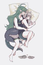 Rule 34 | 2girls, ahoge, arknights, black shirt, black shorts, collarbone, commentary, crocodilian tail, crop top, cuddling, english commentary, closed eyes, full body, gavial (arknights), green hair, green shorts, grey hair, height difference, highres, long hair, lying, multicolored hair, multiple girls, on side, open mouth, orz (kagewaka), pillow, pointy ears, shirt, shorts, sleeping, spooning, streaked hair, tail, thighs, tomimi (arknights), very long hair, yuri