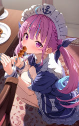 Rule 34 | 1girl, ahoge, anchor symbol, blue bow, blue bowtie, blue dress, blue hair, blue nails, blue ribbon, blush, bow, bowtie, breasts, colored inner hair, dress, drill hair, eating, food, food in mouth, frilled dress, frills, full body, hair ribbon, highres, holding, holding food, hololive, indoors, long hair, looking at viewer, maid headdress, minato aqua, minato aqua (1st costume), multicolored hair, nail polish, pink hair, plate, purple eyes, ribbon, short sleeves, solo, squatting, summer tail720, table, twin drills, twintails, virtual youtuber, wrist cuffs