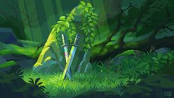Rule 34 | animated, animated gif, artist name, bare tree, commentary, english commentary, flower, frog, grass, green theme, light rays, mini-moss, nature, no humans, original, outdoors, pixel art, purple flower, rock, sword, tree, weapon