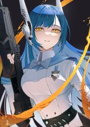 Rule 34 | 1girl, absurdres, assault rifle, black gloves, blue bow, blue bowtie, blue hair, bow, bowtie, breasts, bullpup, fingerless gloves, girls&#039; frontline, gloves, gun, hexagram, highres, holding, holding gun, holding weapon, iwi tavor, large breasts, lips, long hair, long sleeves, looking at viewer, orange eyes, parted lips, rifle, robot ears, signature, smile, solo, star of david, tar-21 (girls&#039; frontline), teeth, upmocks, upper body, weapon