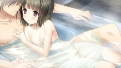 Rule 34 | 1boy, 1girl, :3, bath, bathroom, bathtub, black hair, blush, breasts, faceless, faceless male, game cg, hand on another&#039;s chest, haru kiss, hetero, holding hands, legs, lying, marui (koedame), mixed-sex bathing, navel, nipples, no pussy, nude, partially submerged, pink eyes, seto konomi, shared bathing, short hair, small breasts, smile, steam, thighs, tile floor, tiles, water