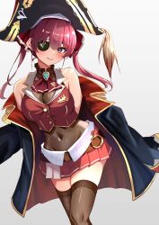 Rule 34 | 1girl, absurdres, ascot, bare shoulders, bicorne, black jacket, black thighhighs, blush, breasts, cleavage, closed mouth, commentary request, cropped jacket, eyepatch, feet out of frame, grey background, hat, highres, hololive, houshou marine, houshou marine (1st costume), jacket, large breasts, leotard, leotard under clothes, long hair, looking at viewer, navel, off shoulder, one eye covered, pirate hat, pleated skirt, red ascot, red eyes, red hair, red jacket, red skirt, see-through, see-through cleavage, see-through leotard, simple background, skirt, sleeveless, sleeveless jacket, smile, solo, standing, thighhighs, toketa-sekai, twintails, virtual youtuber