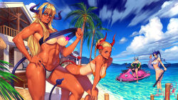 Rule 34 | 4girls, abs, aqua eyes, armlet, balcony, ball, bandeau, bandeau pull, bare arms, bare legs, bare shoulders, barefoot, beach, beach house, beachball, bench, bent over, bikini, black one-piece swimsuit, blonde hair, blue hair, blue sky, braid, breasts, bush, casual one-piece swimsuit, censored, censored nipples, cleavage, closed mouth, cloud, cloudy sky, club, club (weapon), collarbone, day, demon tail, earrings, eyepatch, grey eyes, hair between eyes, hand on own hip, hand up, hanging breasts, head tilt, highres, holding, holding ball, holding weapon, horns, innertube, jewelry, kanabou, large breasts, long hair, looking at viewer, looking back, looking to the side, medium breasts, motor vehicle, mountain, mountainous horizon, multicolored hair, multiple girls, muscular, muscular female, navel, ocean, ogami, one-piece swimsuit, oni, oni horns, open mouth, orange bikini, orange eyes, original, palm tree, pier, pointy ears, ponytail, red-framed eyewear, red eyes, semi-rimless eyewear, shiny skin, short hair, signature, single braid, sitting, sky, slit pupils, smile, stairs, standing, star (symbol), star censor, streaked hair, stud earrings, summer, sweat, swim ring, swimsuit, tail, tan, tanline, thong bikini, tongue, tongue out, tree, under-rim eyewear, wading, watermelon beachball, weapon, wet, white bikini
