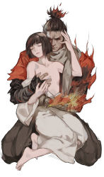 Rule 34 | 2boys, bandaged arm, bandages, bare shoulders, barefoot, black hair, black pants, black sclera, black shirt, blunt bangs, bob cut, closed eyes, closed mouth, coat, collarbone, colored sclera, commentary request, fiery hair, fire, full body, grey hair, grey scarf, hand on another&#039;s face, highres, hug, japanese clothes, kimono, kuro the divine heir, looking at viewer, male focus, multiple boys, off shoulder, orange coat, pale skin, pants, pleated pants, prosthesis, prosthetic arm, red eyes, scarf, sekiro, sekiro: shadows die twice, shirt, simple background, sitting, sitting on lap, sitting on person, topknot, vetania, wariza, white background, white kimono, yaoi