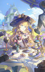 Rule 34 | 1girl, 2others, absurdres, bare shoulders, bird, black headwear, black jacket, blonde hair, blue eyes, blue flower, blue rose, blue sky, bow, cake, cake slice, cloud, commentary, crackingtaro, cup, cupcake, detached sleeves, dove, dress, earrings, flower, food, genshin impact, gloves, hat, hat bow, hat flower, highres, holding, holding cup, jacket, jewelry, long hair, macaron, multiple others, navia (genshin impact), open mouth, out of frame, pouring, rose, saucer, sky, smile, solo focus, tablecloth, teacup, tiered tray, white gloves