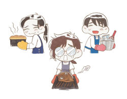 Rule 34 | 1boy, 2girls, apron, bad food, black hair, blush, bowl, bread, brown hair, character request, chibi, closed eyes, closed mouth, commentary request, eoduun badaui deungbul-i doeeo, food, glasses, gof2ull, holding, holding bowl, holding food, korean commentary, long hair, long sleeves, looking at viewer, multiple girls, opaque glasses, open mouth, ponytail, round eyewear, shirt, short hair, short sleeves, simple background, smile, upper body, whisk, white background, white shirt, yu geum-i