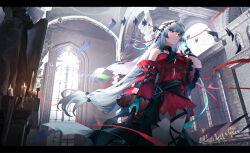 1girl absurdres aqua_gloves arknights ascot bare_shoulders black_ascot breasts candle clothing_cutout detached_sleeves dress gloves grey_hair hair_ornament highres holding jia_redian_ruzi_ruzi long_hair long_sleeves red_dress red_eyes red_sleeves skadi_(arknights) skadi_the_corrupting_heart_(arknights) solo staff thigh_strap wide_shot