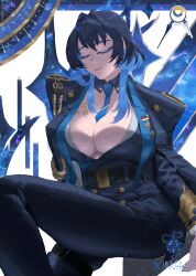 1girl absurdres bellfable black_hair blue_eyes blue_hair blue_necktie blue_shirt breasts chain chain_earrings cleavage_cutout closed_eyes clothing_cutout coat coat_on_shoulders collared_shirt colored_inner_hair detached_pants gloves hair_intakes highres hololive hololive_english lapel_pin long_hair looking_at_viewer multicolored_hair necktie official_alternate_costume official_alternate_hairstyle ouro_kronii ouro_kronii_(4th_costume) shirt smile solo two-sided_coat two-sided_fabric virtual_youtuber wolf_cut