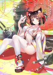 Rule 34 | 1girl, animal ear fluff, animal ears, asanogawa (tutufcc), azur lane, bell, black footwear, blue nails, blush, bow, breasts, brown hair, cannon, cat ears, closed mouth, commentary request, fingernails, flower, fox mask, hair bow, hair flower, hair ornament, hands up, head tilt, highres, holding, holding mask, japanese clothes, jingle bell, kimono, large breasts, long sleeves, looking at viewer, mask, nail polish, obi, oil-paper umbrella, paw pose, pink flower, red eyes, red umbrella, sandals, sash, short hair, sideboob, sitting, smile, solo, thighhighs, turret, umbrella, unworn mask, white kimono, white thighhighs, wide sleeves, yamashiro (azur lane), zouri