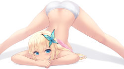 Rule 34 | 1girl, ass, bare arms, blonde hair, blue eyes, blush, boku wa tomodachi ga sukunai, butterfly hair ornament, cait aron, closed mouth, commentary, feet out of frame, hair ornament, highres, jack-o&#039; challenge, kashiwazaki sena, long hair, looking at viewer, shadow, shorts, simple background, solo, thighs, top-down bottom-up, white background, white shorts