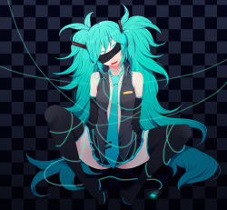 Rule 34 | 1girl, :p, aqua hair, arms behind back, blindfold, detached sleeves, digital media player, hatsune miku, highres, long hair, necktie, open clothes, open shirt, shirt, skirt, smile, solo, takesouko, thighhighs, tongue, tongue out, twintails, very long hair, vocaloid, zettai ryouiki