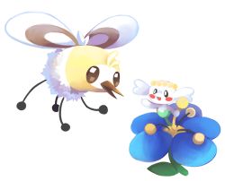 Rule 34 | commentary, conmimi, creature, creatures (company), cutiefly, english commentary, eye contact, flabebe, flabebe (blue flower), flower, flying, full body, game freak, gen 6 pokemon, gen 7 pokemon, looking at another, nintendo, no humans, pokemon, pokemon (creature), simple background, white background