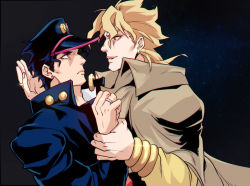 Rule 34 | black hair, bracelet, cape, collared cape, dio brando, hat, holding another&#039;s wrist, jewelry, jojo no kimyou na bouken, kuujou joutarou, less end, long coat, manly, mullet, muscular, muscular male, official style, red eyes, ring, stardust crusaders, stardust crusaders (ova), wedding band, wing collar, yaoi