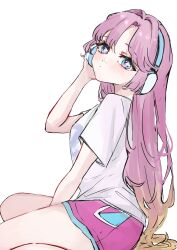 Rule 34 | 1girl, adjusting headphones, ahoge, anyoji hime, between legs, blonde hair, blue eyes, blue headphones, breasts, check commentary, closed mouth, commentary request, gradient hair, hair down, hair intakes, hand between legs, headphones, highres, light blush, link! like! love live!, long hair, looking at viewer, looking to the side, loungewear, love live!, medium breasts, multicolored hair, official alternate costume, official alternate hairstyle, oihlf, pink hair, pink shorts, shirt, short sleeves, shorts, sidelocks, simple background, sitting, solo, swept bangs, very long hair, virtual youtuber, white background, white shirt