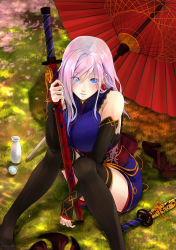 Rule 34 | 1girl, absurdres, amanesan, black thighhighs, blue eyes, blush, choko (cup), cup, detached sleeves, fate/grand order, fate (series), grass, highres, holding, holding sword, holding weapon, japanese clothes, kimono, light smile, miyamoto musashi (fate), miyamoto musashi (first ascension) (fate), oil-paper umbrella, outdoors, pink hair, sash, sheath, sheathed, shoes, unworn shoes, short kimono, sitting, solo, sword, thighhighs, tokkuri, umbrella, weapon