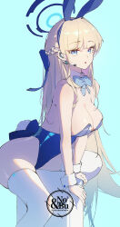 Rule 34 | 1girl, animal ears, ass, blonde hair, blue archive, blue background, blue bow, blue bowtie, blue eyes, blue leotard, blush, bow, bowtie, breasts, cleavage, detached collar, fake animal ears, fake tail, feet out of frame, highres, j fang, leotard, long hair, medium breasts, official alternate costume, open mouth, rabbit ears, rabbit tail, simple background, solo, strapless, strapless leotard, tail, thighhighs, toki (blue archive), toki (bunny) (blue archive), white thighhighs, wrist cuffs