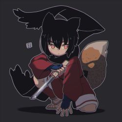 Rule 34 | 1girl, animal ears, arm guards, black hair, black scarf, brown footwear, closed mouth, commentary request, fox ears, fox girl, fox tail, full body, grey background, hair between eyes, holding, holding sword, holding weapon, japanese clothes, kimono, kukuri (mawaru), long sleeves, mawaru (mawaru), ninja, on one knee, original, red eyes, red kimono, sandals, scarf, shadow, short sword, simple background, solo, sword, tail, tantou, weapon, wide sleeves, zouri