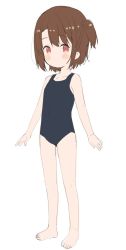 Rule 34 | 1girl, bare arms, bare legs, bare shoulders, barefoot, black one-piece swimsuit, blush stickers, brown hair, closed mouth, collarbone, commentary, covered navel, full body, highres, light smile, looking at viewer, meito (maze), one-piece swimsuit, one side up, original, red eyes, school swimsuit, simple background, solo, standing, swimsuit, white background