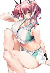 Rule 34 | 1girl, arm support, armpit crease, azur lane, bare shoulders, blush, breasts, bremerton (azur lane), bremerton (scorching-hot training) (azur lane), cleavage, collarbone, crop top, hair between eyes, hair ornament, hairclip, hand in own hair, hand up, head tilt, heart, heart necklace, highres, jewelry, large breasts, long hair, looking at viewer, marushin (denwa0214), mole, mole on breast, mole under eye, multicolored hair, nail polish, navel piercing, necklace, open mouth, piercing, pink eyes, pink hair, pink nails, see-through, shirt, sidelocks, simple background, sitting, skirt, sleeveless, sleeveless shirt, solo, sportswear, streaked hair, sweat, tennis uniform, thighs, toenail polish, toenails, twintails, two-tone skirt, wet, wet clothes, white background, x hair ornament