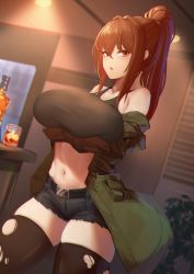 Rule 34 | 1girl, :o, alcohol, bare shoulders, black tank top, black thighhighs, blush, bottle, breast hold, breasts, brown eyes, brown hair, crossed arms, cup, daydream (zhdkffk21), drinking glass, green jacket, hair between eyes, highres, jacket, large breasts, long hair, long sleeves, looking at viewer, midriff, navel, off-shoulder jacket, off shoulder, original, ponytail, short shorts, shorts, sidelocks, skindentation, smile, solo, tank top, thick thighs, thighhighs, thighs, torn clothes, torn thighhighs