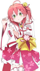 Rule 34 | 1girl, ahoge, bell, blush, breasts, cherry blossom print, closed mouth, detached sleeves, floral print, green eyes, hair bell, hair between eyes, hair ornament, hands up, hololive, ixy, japanese clothes, kimono, looking at viewer, medium breasts, red hair, sakura miko, sakura miko (1st costume), side ponytail, sideboob, simple background, solo, virtual youtuber, white background, wide sleeves, x hair ornament