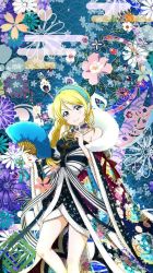 Rule 34 | 10s, 1girl, artist request, ayase eli, blonde hair, blue eyes, bow, hand fan, floral background, japanese clothes, kimono, love live!, love live! school idol festival, love live! school idol project, official art, solo, third-party edit