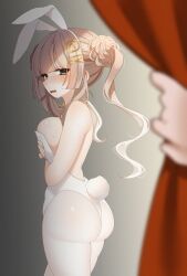 Rule 34 | 1girl, absurdres, animal ears, blonde hair, blush, breasts, brown eyes, embarrassed, fake animal ears, fake tail, highres, leotard, looking at viewer, looking back, medium breasts, open mouth, original, playboy bunny, rabbit ears, rabbit tail, solo, tail, twintails, uu3cm, wavy hair