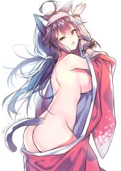 Rule 34 | 10s, 1girl, absurdres, ahoge, animal ears, ass, breasts, butt crack, cat ears, cat tail, female focus, from behind, gloves, hair ornament, hairband, highres, japanese clothes, kantai collection, kemonomimi mode, large breasts, long hair, looking at viewer, no bra, no panties, partially fingerless gloves, partly fingerless gloves, paw pose, purple hair, red eyes, ryuuhou (kancolle), sketch, solo, sora 72-iro, taigei (kancolle), tail, twintails, yugake