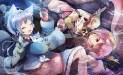Rule 34 | 2girls, :d, animal ears, blue hair, boots, braid, coat, dog, dog ears, dog tail, fur trim, gloves, highres, ice, koyomi (shironeko project), lyss valeria, mittens, multiple braids, multiple girls, negimapurinn, open mouth, pink eyes, pink hair, shironeko project, short hair, smile, tail, tarou (shironeko project), winter clothes, wolf, wolf ears, wolf tail