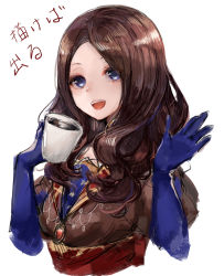 Rule 34 | 1girl, aka ive, blue eyes, breasts, brown hair, cup, dress, elbow gloves, fate/grand order, fate (series), fine art parody, forehead, gloves, highres, holding, large breasts, leonardo da vinci (fate), looking at viewer, mona lisa, open mouth, parody, short hair, short sleeves, smile, solo