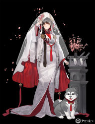 Rule 34 | 1girl, alternate costume, azur lane, black background, black hair, blush, breasts, bride, brown eyes, closed mouth, copyright name, dog, flower, full body, highres, hood, japanese clothes, kimono, kishiyo, large breasts, long hair, looking at viewer, official art, see-through, simple background, smile, solo, standing, takao (azur lane), uchikake, vase