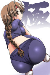 Rule 34 | 1girl, ass, blush, braid, breasts squeezed together, breasts, brown eyes, brown hair, headband, long hair, looking back, midriff, ryuuko no ken, shoes, single braid, sneakers, snk, solo, spandex, squatting, the king of fighters, tonpuu, very long hair, yuri sakazaki