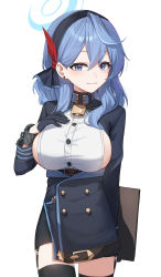 Rule 34 | 1girl, absurdres, ako (blue archive), blue archive, blue eyes, blue hair, blue halo, blush, breasts, cowboy shot, gnns, halo, highres, large breasts, long hair, looking at viewer, simple background, skirt, thigh gap, twitter, white background