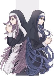 Rule 34 | 2girls, alternate costume, black background, blue hair, brown hair, cropped legs, cross, danganronpa (series), danganronpa 2: goodbye despair, danganronpa v3: killing harmony, from side, glasses, grey background, habit, highres, holding, holding cross, long hair, long sleeves, midori (310ri 21), multicolored background, multiple girls, nun, own hands clasped, own hands together, praying, shirogane tsumugi, smile, traditional nun, tsumiki mikan, white background