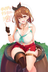 Rule 34 | 1girl, absurdres, aqua neckwear, arm support, atelier (series), atelier ryza, atelier ryza 2, bare shoulders, barrel, boots, braid, breasts, brown eyes, brown hair, cleavage, collared shirt, commentary request, earrings, gloves, grass, hat, highres, index finger raised, jewelry, key, key necklace, knee boots, large breasts, leather, leather gloves, medium hair, necklace, one eye closed, open mouth, partially fingerless gloves, pointing, red shorts, reirall, reisalin stout, shirt, short shorts, shorts, side braid, single thighhigh, sitting, sleeveless, sleeveless shirt, solo, star (symbol), star earrings, thick thighs, thigh strap, thighhighs, thighs, white background, white hat, white shirt, wristband
