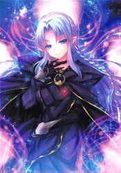 Rule 34 | 1girl, black cape, black gloves, blue eyes, cape, choker, dress, fate/stay night, fate (series), floating hair, gloves, head tilt, highres, kobayashi yoshitaka, long hair, long sleeves, looking at viewer, medea (fate), pointy ears, purple dress, silver hair, smile, solo, upper body, very long hair