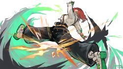 Rule 34 | 1girl, absurdres, arm up, artist name, belt, black pants, buttons, clover print, collared shirt, dated, explosion, fingerless gloves, fire, frown, giovanna (guilty gear), gloves, green fire, grey hair, guilty gear, guilty gear strive, highres, hua ha jiazi, jumping, long sleeves, looking at viewer, medium hair, multicolored hair, orange belt, outstretched arm, pants, red gloves, red hair, sandals, shirt, shoe soles, solo, spread legs, strap, streaked hair, two-tone hair, white background, white footwear, white shirt