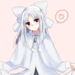 Rule 34 | 00s, 1girl, blue hair, blush, bow, clothes lift, coat, dress, dress lift, facing viewer, hair bow, head tilt, heart, large bow, long hair, looking at viewer, melty blood, pink background, pointy ears, pom pom (clothes), red eyes, simple background, smile, solo, spoken heart, tanaji, tsukihime, tsurime, white bow, white coat, white hair, white len (tsukihime)