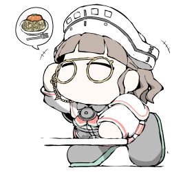 Rule 34 | 1girl, ^ ^, black footwear, blunt bangs, boots, brown hair, capelet, chibi, closed eyes, detached sleeves, eyewear strap, food, fork, glasses, headdress, kantai collection, medium hair, no mouth, pasta, pince-nez, plate, red skirt, roma (kancolle), simple background, skirt, solo, spaghetti, task (s task80), wavy hair, white background, white headwear